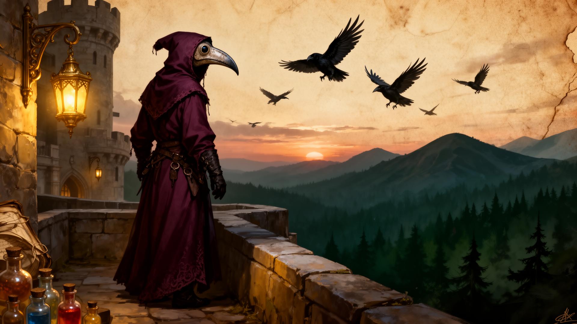 A plague doctor stands on the ramparts of a forest sanctuary at dusk while ravens wheel overhead