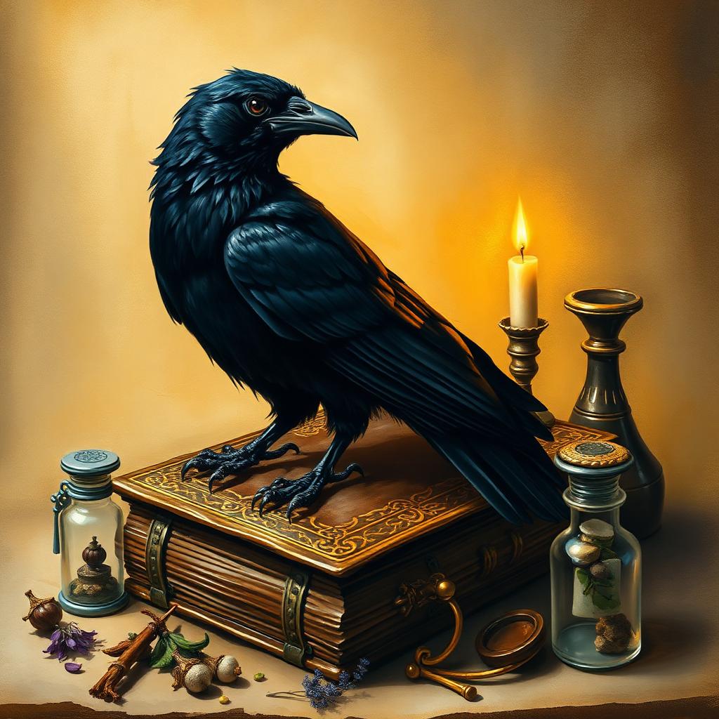 A raven perched on an ancient apothecary tome