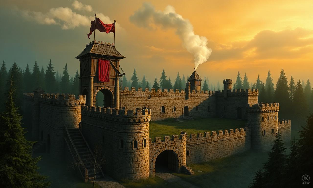 A fortified sanctuary at dawn with burgundy banners